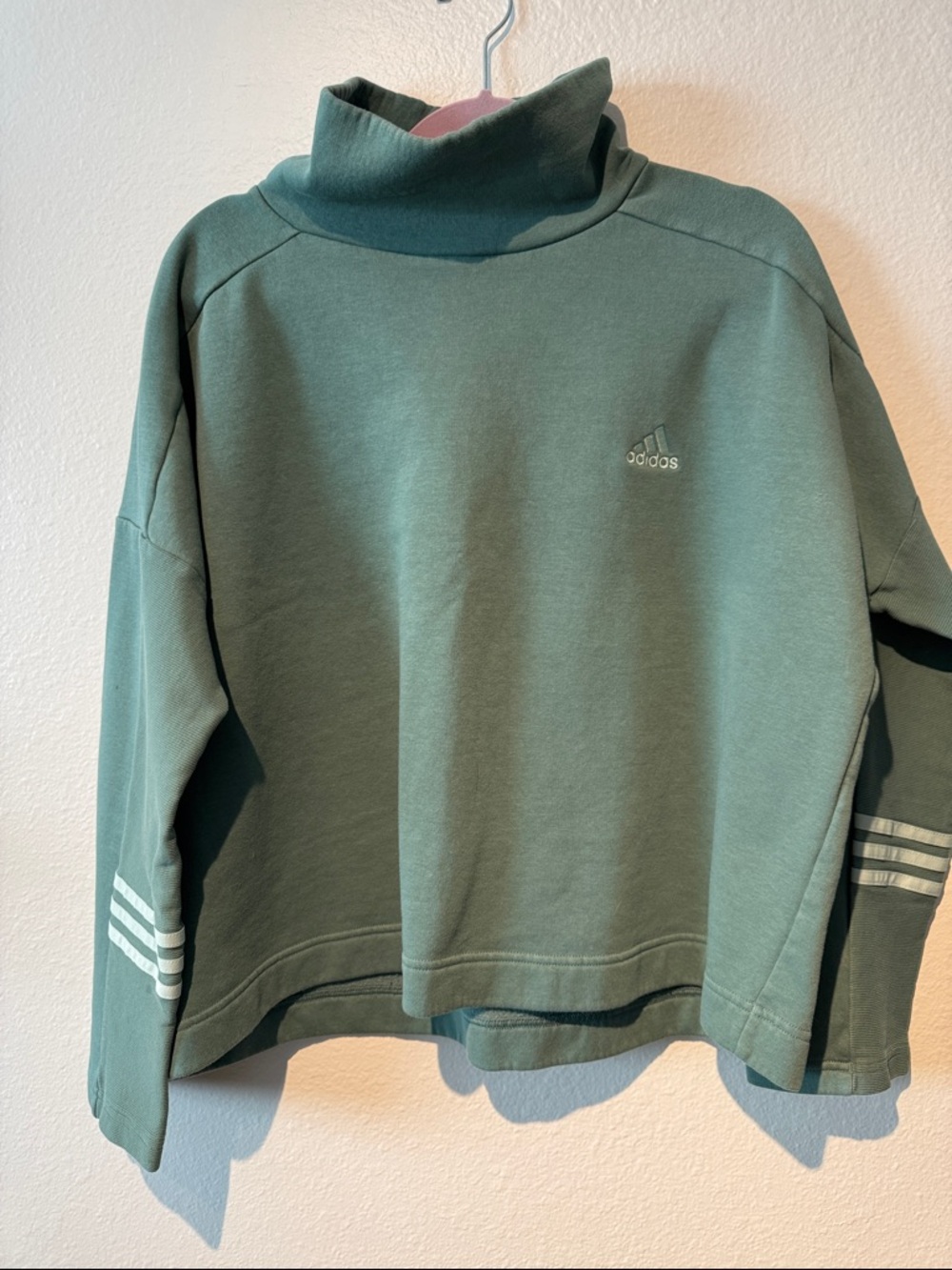 adidas Women's Sage Green Turtleneck Sweatshirt with Sleeve Stripes